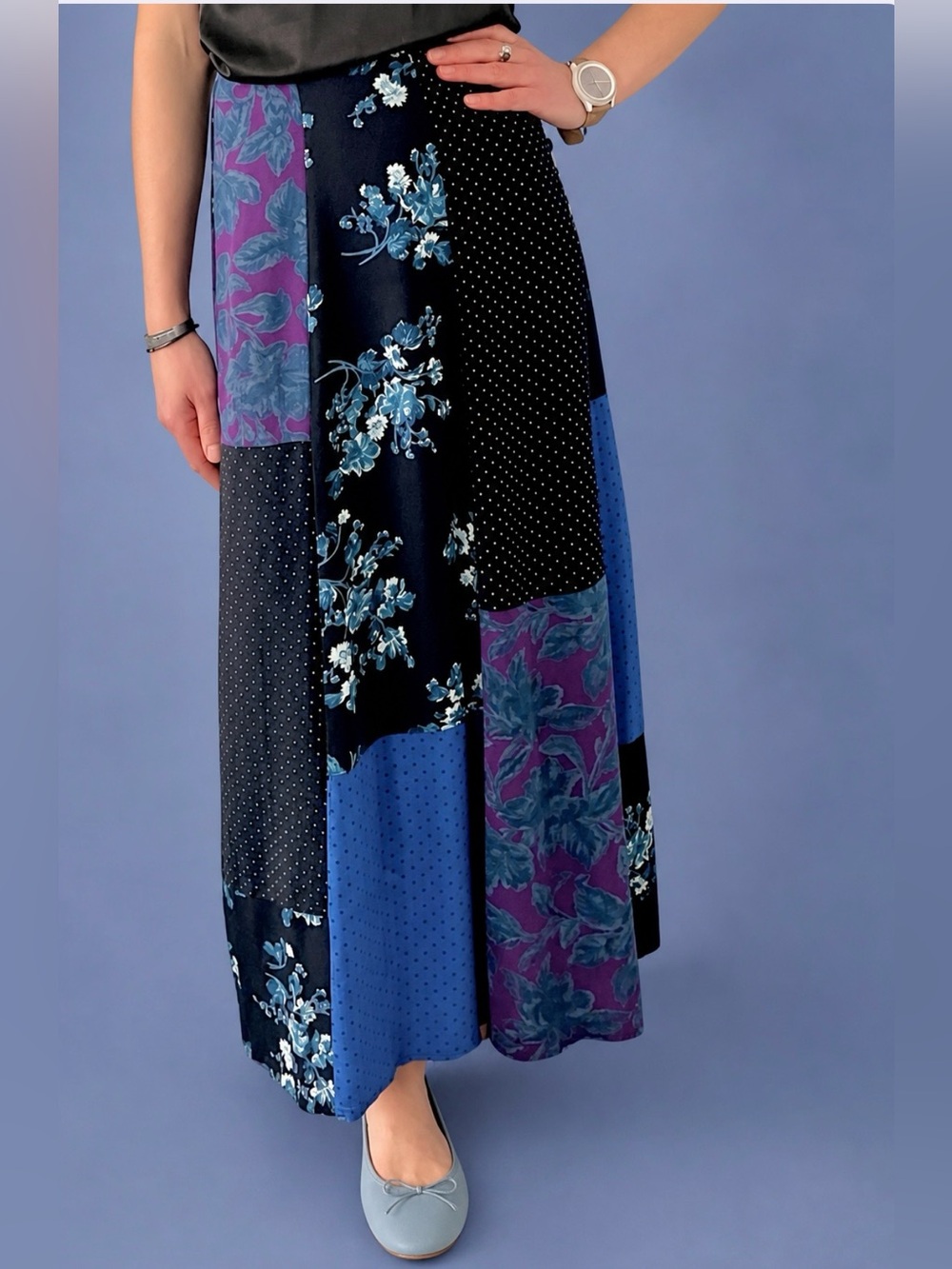 Vintage 90s Patchwork Rayon Maxi Skirt • Blue Purple Polka Dots & Flowers